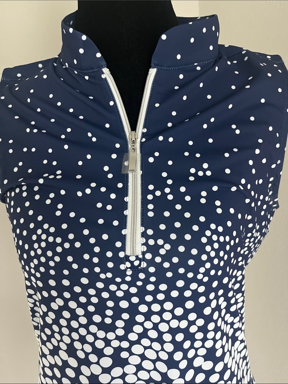 Navy and White Sleeveless Polka-Print Zip Polo Golf Dress - Picture 3 of 8